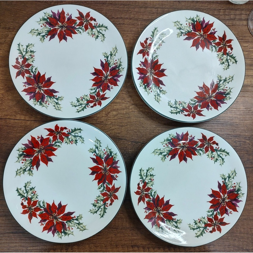 Totally Today Christmas Poinsettia Salad Plates 7" Lot Of 4 Discontinued